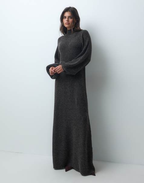 IYAL geripptes Strick-Maxikleid mit Ballonärmeln in Schokobraun - view 1