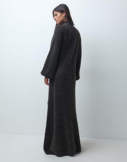 IYAL geripptes Strick-Maxikleid mit Ballonärmeln in Schokobraun, 2 von 4