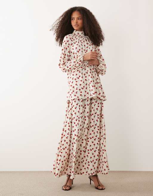 IYAL - Gonna lunga fluida color crema con stampa di rose in coordinato