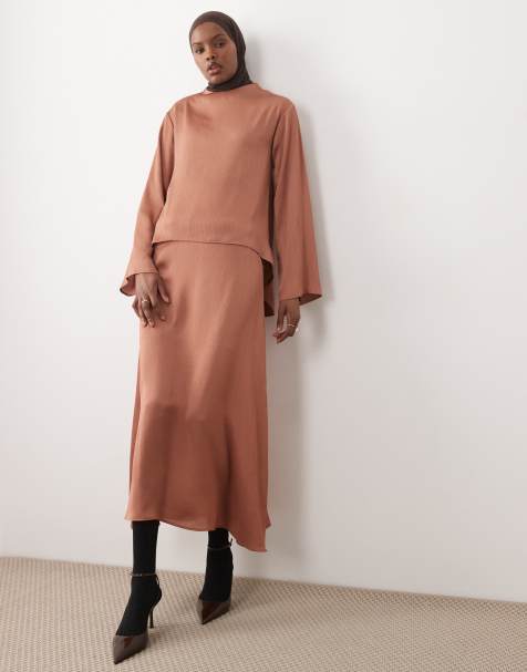 IYAL - Gonna sottoveste midi in raso martellato ruggine in coordinato - view 1