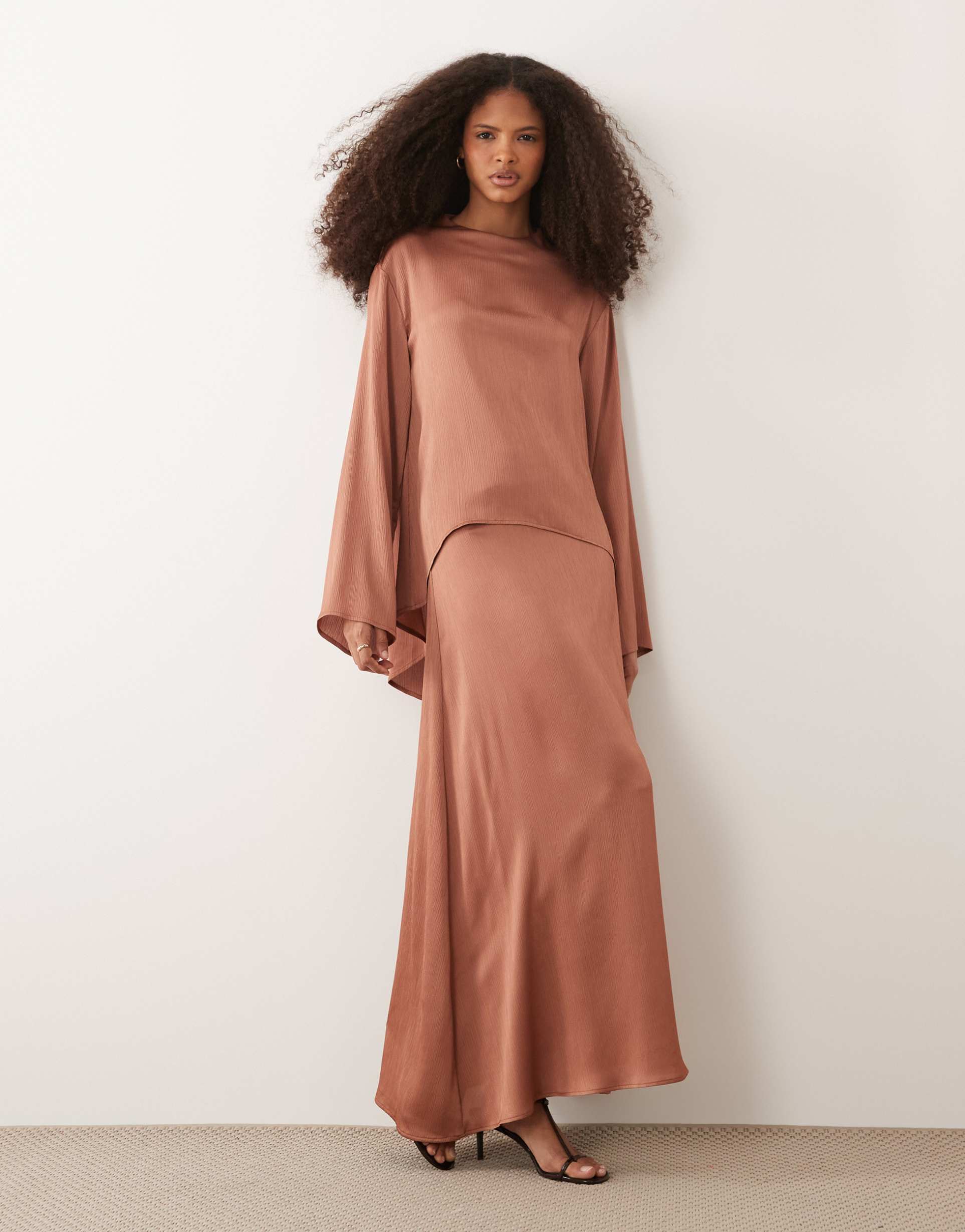 iyal hammered satin midi slip skirt in rust - part of a set