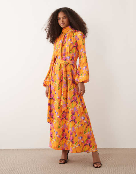IYAL high neck balloon sleeve tie waist maxi dress in orange floral print - view 1