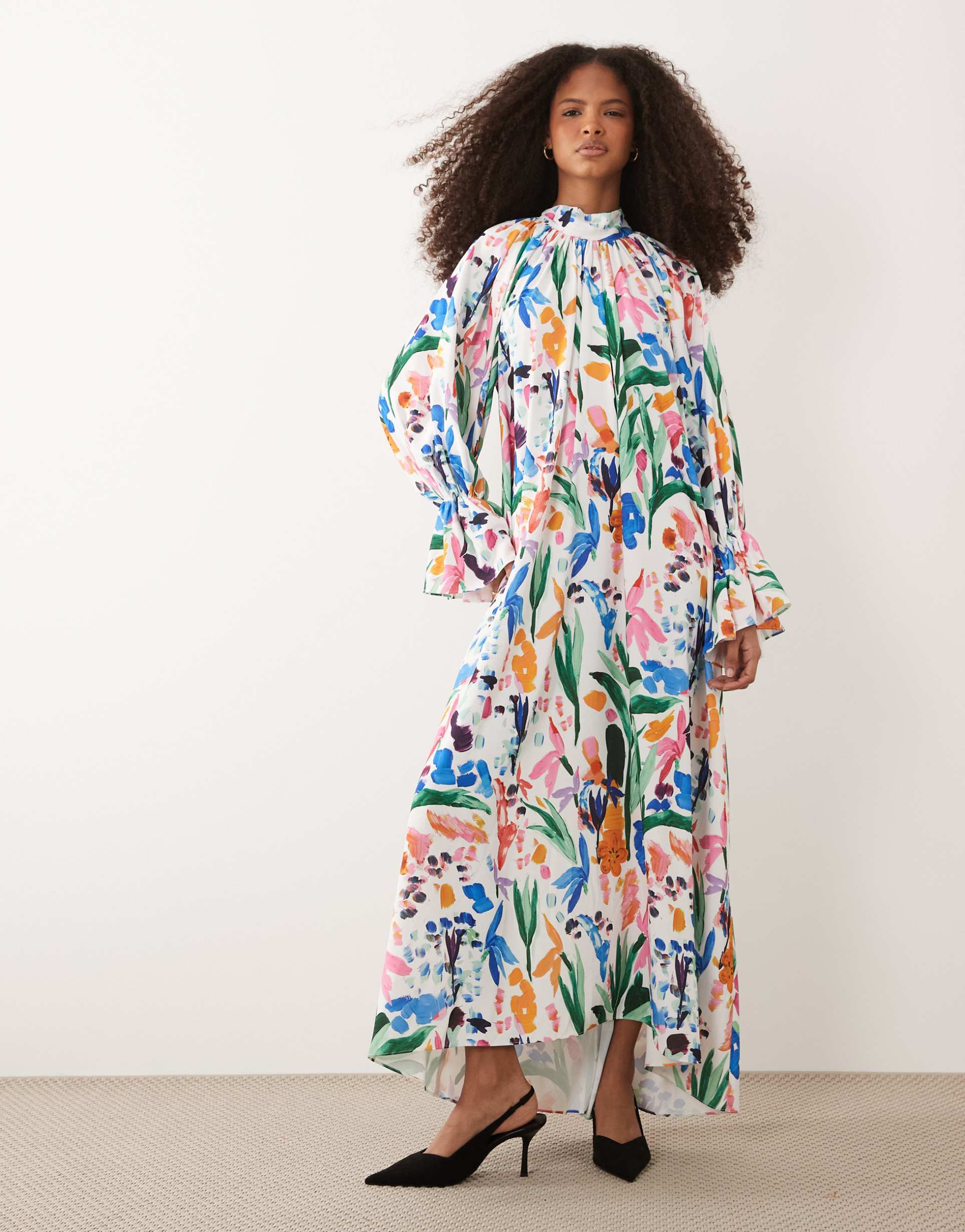 iyal high neck cuff sleeve detail floaty maxi dress in bright watercolour floral print