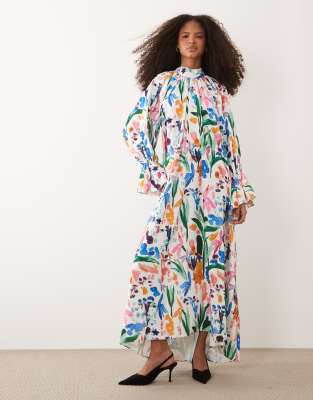 IYAL high neck cuff sleeve detail maxi dress in floral print multi
