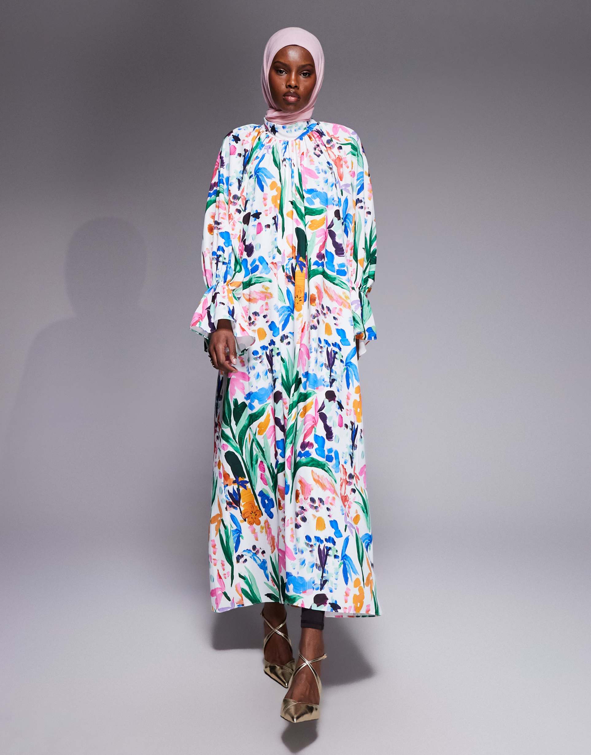 iyal high neck cuff sleeve detail maxi dress in floral print