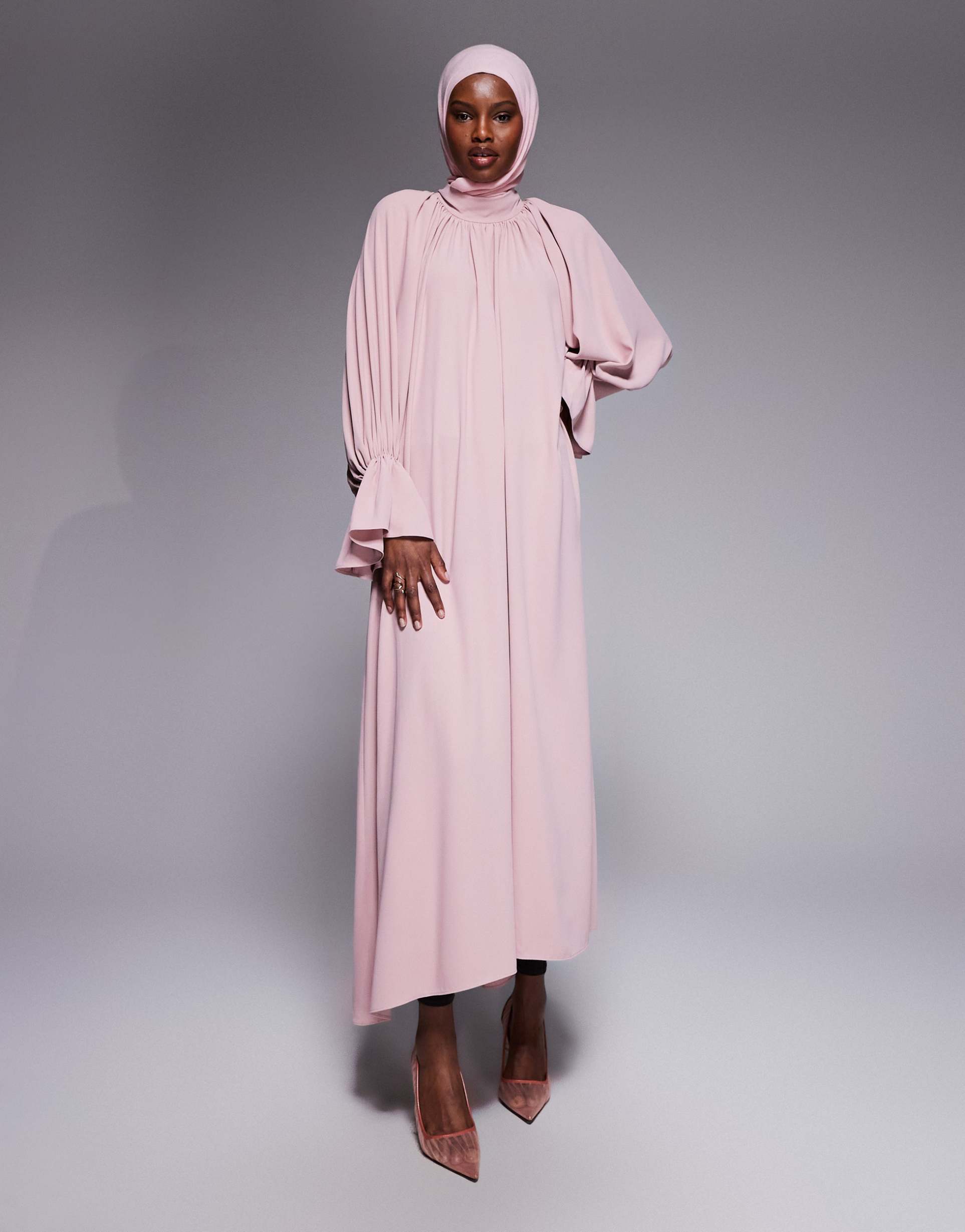 iyal high neck cuff sleeve detail maxi dress in lilac