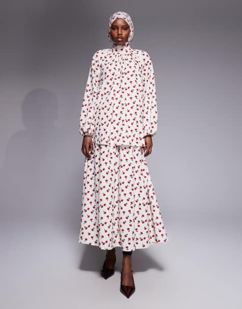 IYAL high neck fluted sleeve top and maxi skirt co-ord in cream rose print - view 1