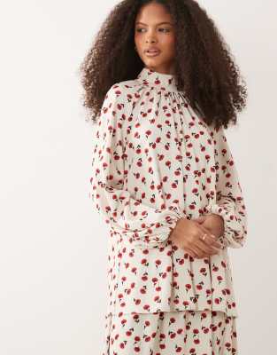 IYAL high neck fluted sleeve top in cream rose print - part of a set multi