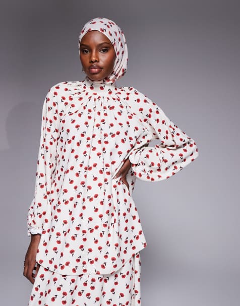 IYAL high neck fluted sleeve top in cream rose print (part of a set) - view 1