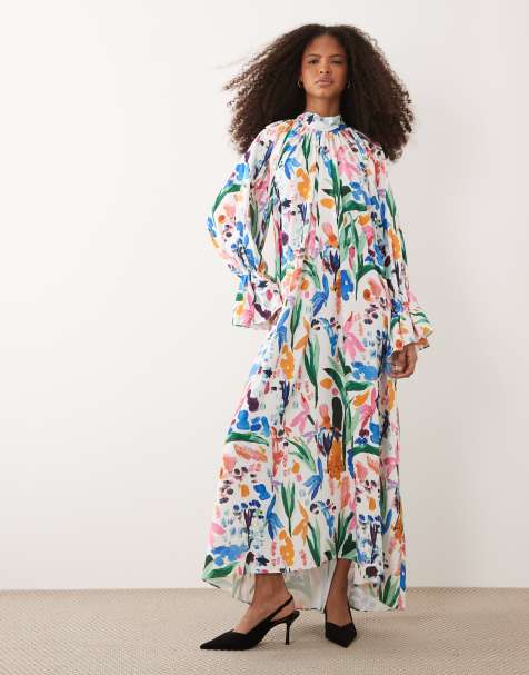 IYAL - Hoogsluitende luchtige maxi jurk met manchetten en felgekleurde bloemenprint - view 1