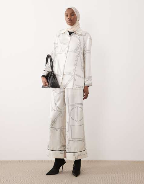 IYAL pyjama trouser with contrast piping co-ord in cream geo print