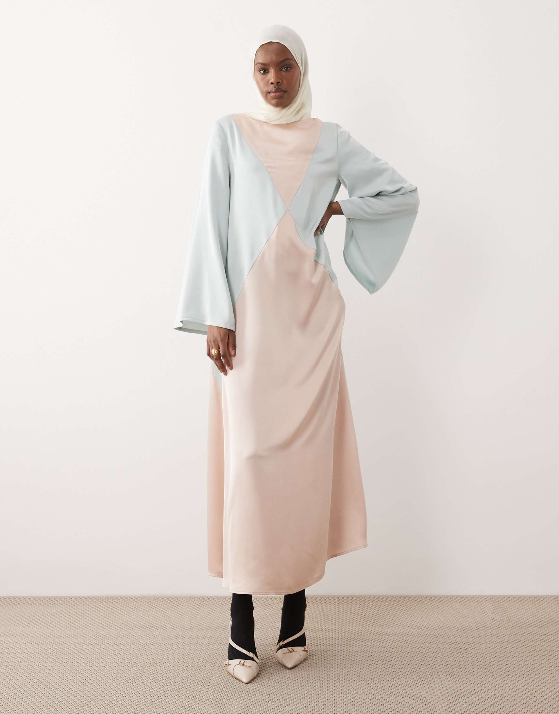 iyal long batwing sleeves contrast panel detailing maxi dress in multi