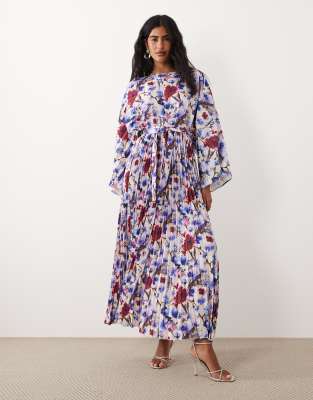 IYAL long sleeve pleated detail kaftan dress in blue floral print multi