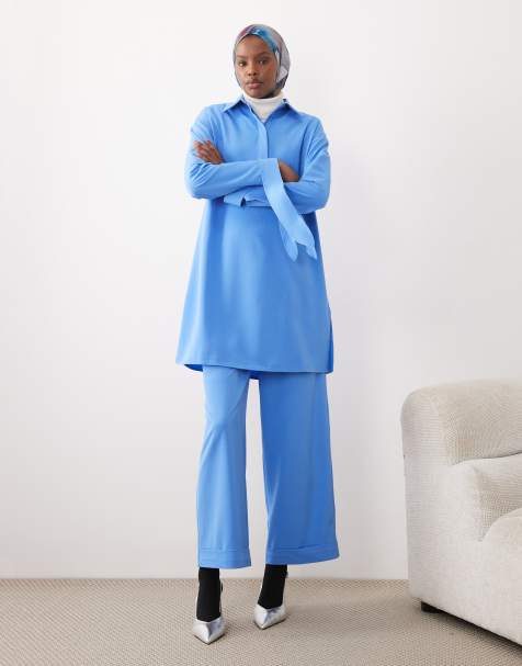 IYAL longline top and slim trouser co-ord in blue - view 1
