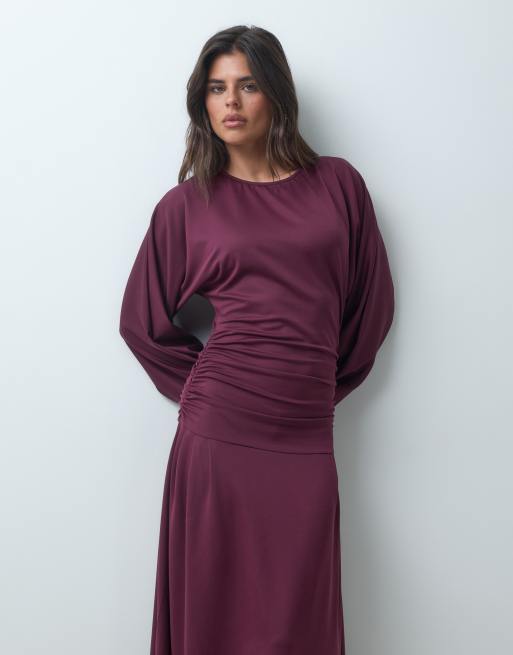 IYAL maxi jurk van modal met stretch, verlaagde taille en vleermuismouwen in bordeauxrood, 3 van 4