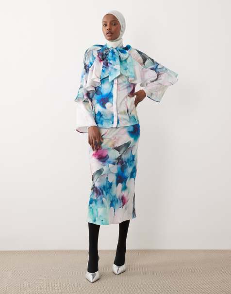 IYAL - Maxinederdel i satin med blomstret akvarelprint - Del af sæt - view 1