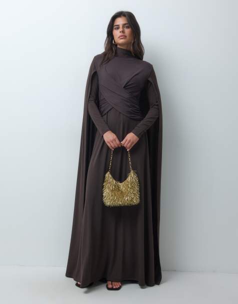 IYAL mesh cross front cape detail maxi dress in chocolate - view 1