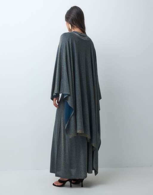 IYAL metallic knit long sleeve maxi dress and cape in blue and gold shimmer, 3 of 4