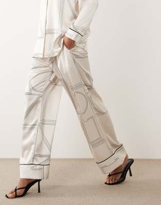 IYAL pajama pants with contrast piping in cream geo print - part of a set cream