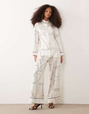 IYAL pajama top with contrast piping in cream geo print - part of a set cream