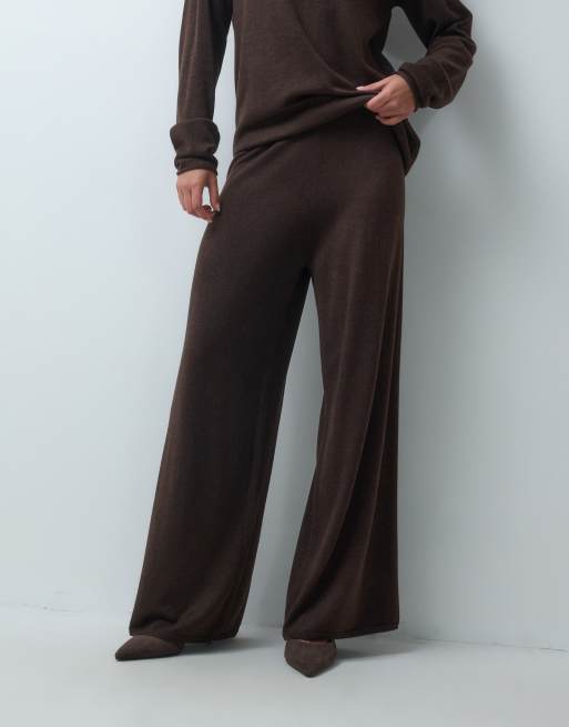 IYAL pantalón de punto ultrasuave de pernera ancha de conjunto en chocolate, 4 de 4