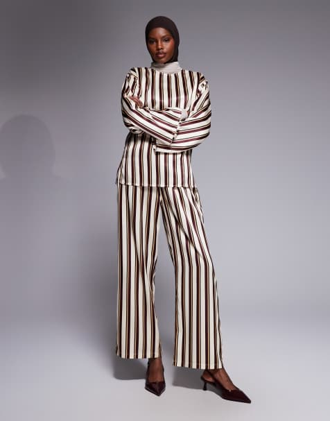 IYAL - Pantalon d'ensemble slim en satin rayé - Marron - view 1