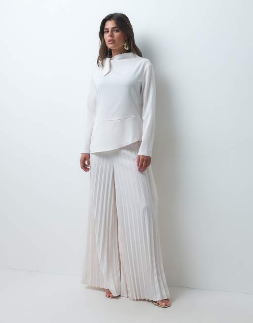 IYAL - Ensemble top à volants et nœud en crêpe avec pantalon large plissé - Crème, 3 de 3