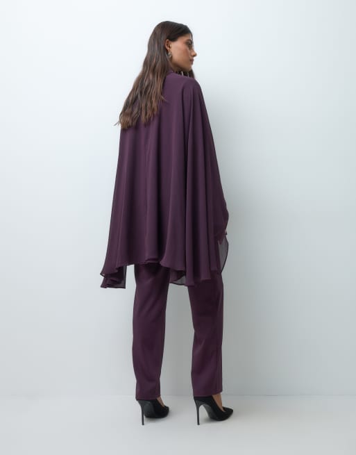IYAL pantalon slim en crêpe chiffon, ensemble 2 pièces, prune, 5 de 5
