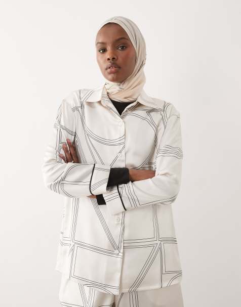 IYAL pyjama top with contrast piping co-ord in cream geo print - view 1