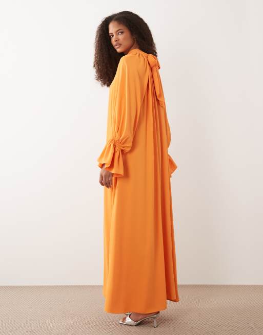 IYAL - Robe longue à imprimé fleuri avec col montant et poignets resserrés - Orange, 3 de 4