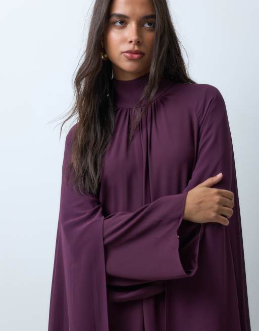 IYAL robe longue caftan en crêpe mousseline à col montant, style bohème et cape, prune, 2 de 5