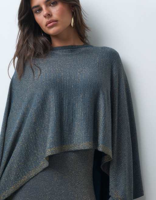 IYAL robe longue en maille métallisée à manches longues et cape, bleu et doré scintillant, 2 de 4