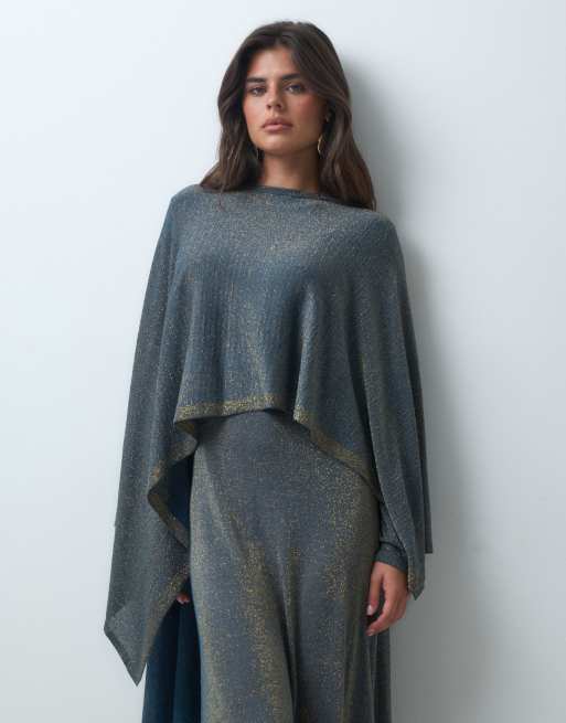 IYAL robe longue en maille métallisée à manches longues et cape, bleu et doré scintillant, 4 de 4