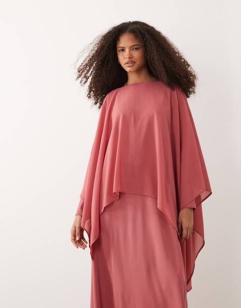 IYAL - Robe longue en satin de mousseline avec cape superposée et détail drapé - Rose corail - view 1