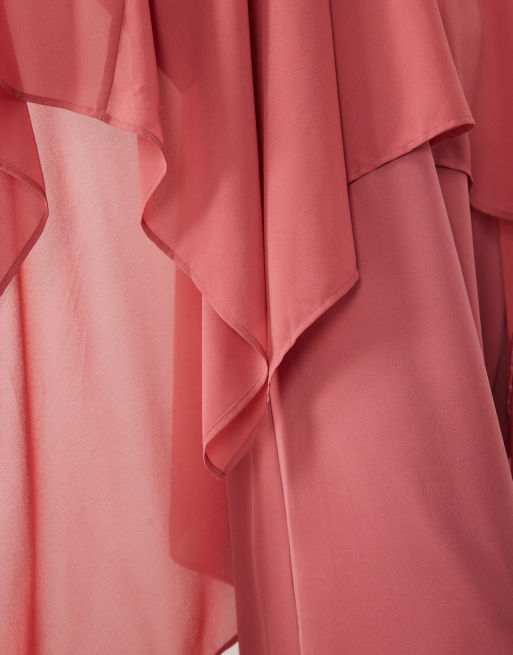 IYAL - Robe longue en satin de mousseline avec cape superposée et détail drapé - Rose corail, 4 de 4