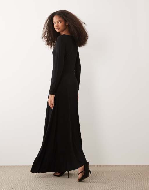 IYAL - Robe longue et fluide coupe trapèze en jersey avec encolure dégagée - Noir, 3 de 4
