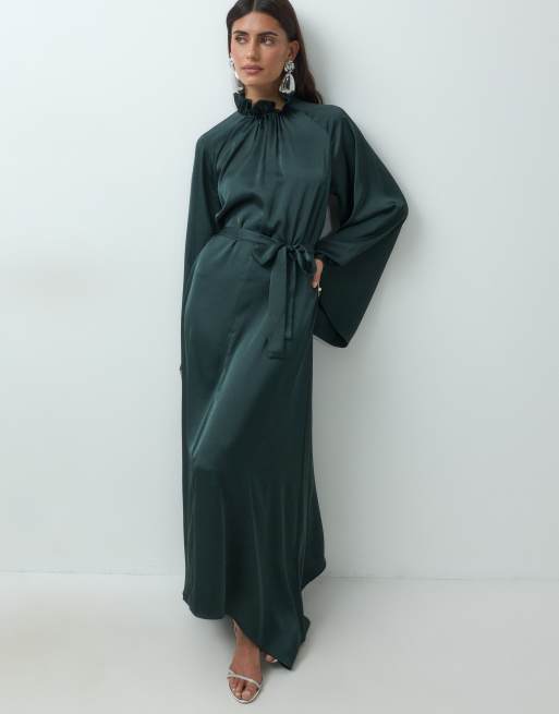 IYAL ruffled high neck belted wide sleeve satin maxi dress in dark green, 3 of 5