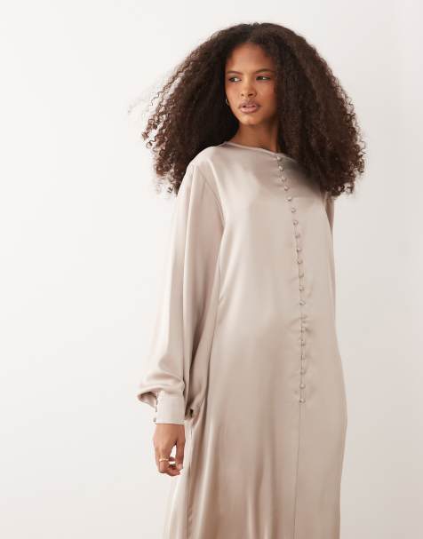 IYAL satin balloon sleeve button detail floaty maxi dress in oyster - view 1