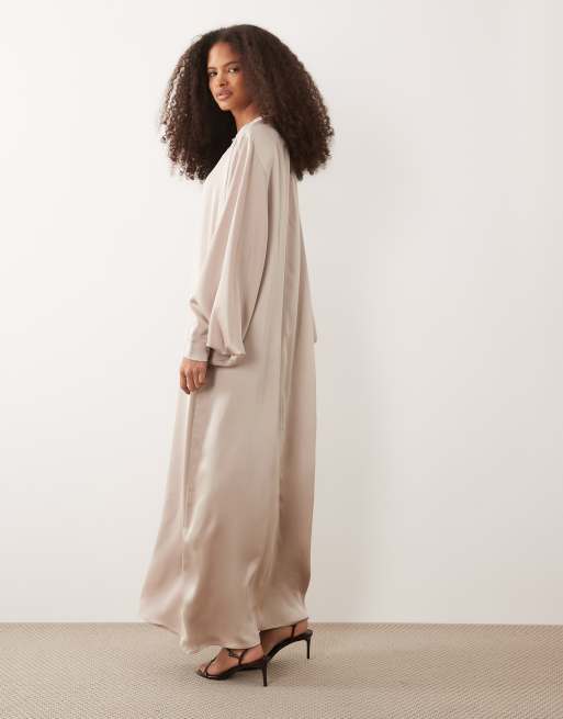 IYAL satin balloon sleeve button detail floaty maxi dress in oyster, 3 of 4