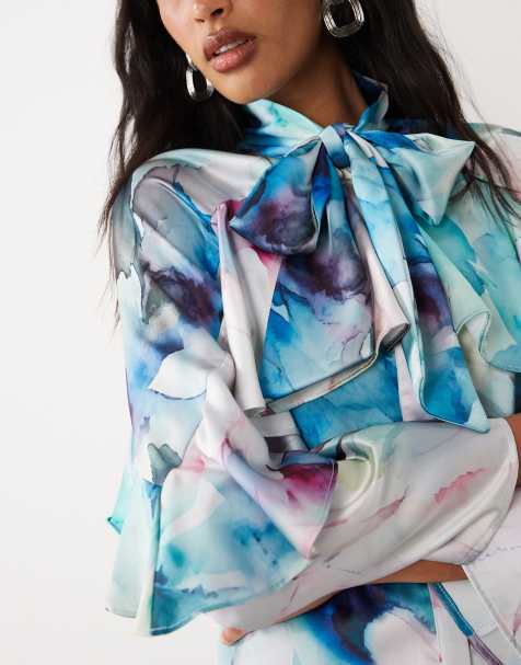 IYAL satin bow blouse, cape and maxi skirt set in watercolour floral print - view 1