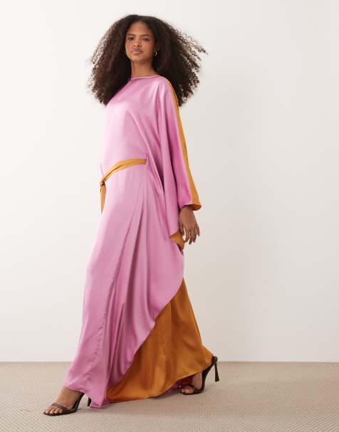 IYAL satin contrast bell sleeve maxi belted kaftan dress in pink and orange - view 1