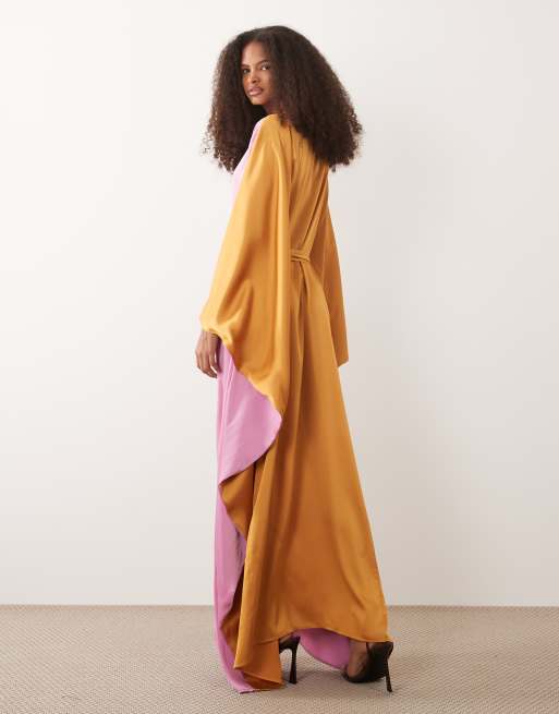 IYAL satin contrast bell sleeve maxi belted kaftan dress in pink and orange, 4 of 4