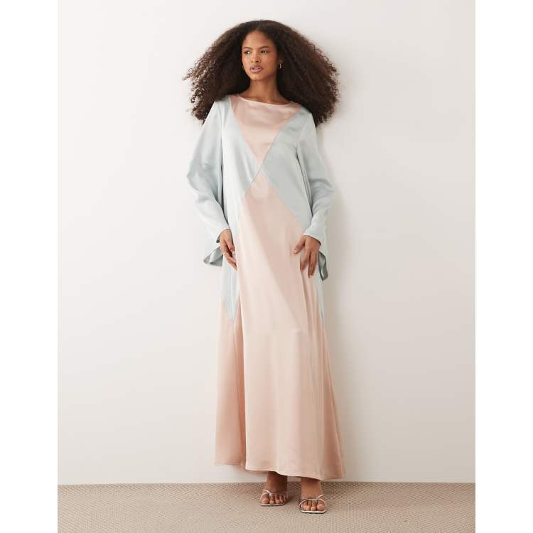 IYAL satin contrast panel bell sleeve maxi dress in cream and sage | ASOS