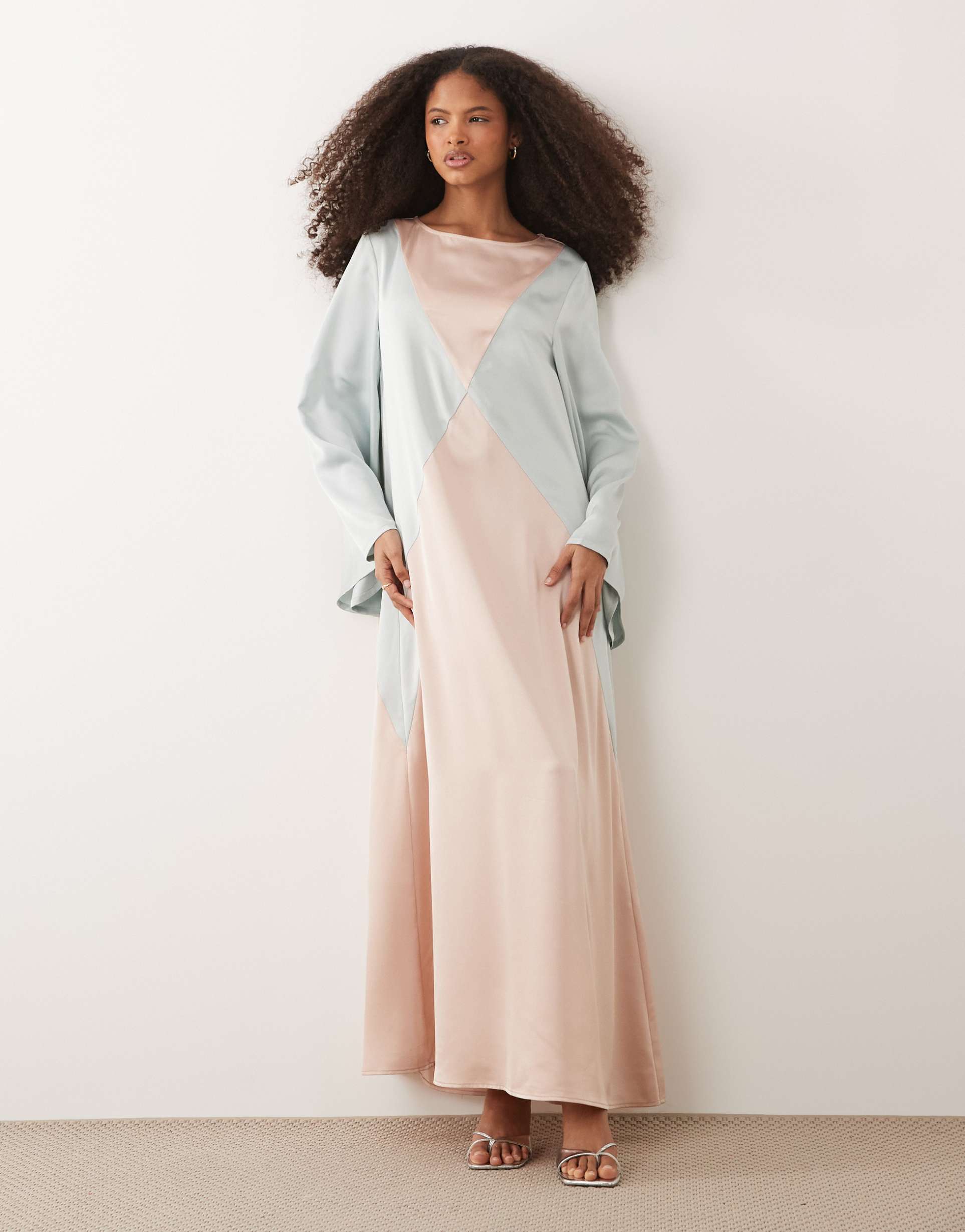 iyal satin contrast panel bell sleeve maxi dress in cream and sage