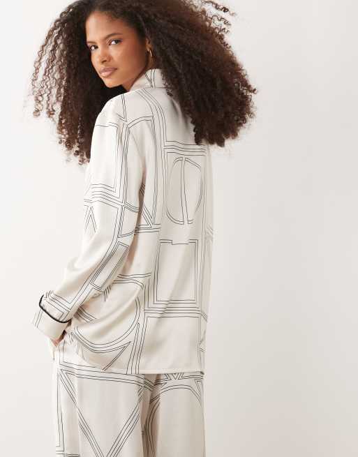 IYAL satin contrast piping shirt co-ord in cream abstract print, 2 of 4