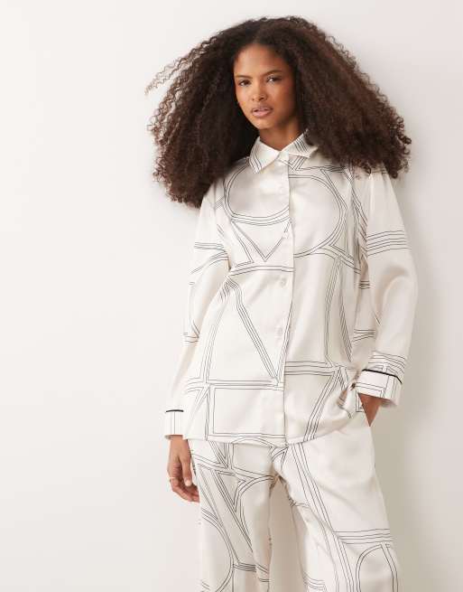 IYAL satin contrast piping shirt co-ord in cream abstract print, 3 of 4