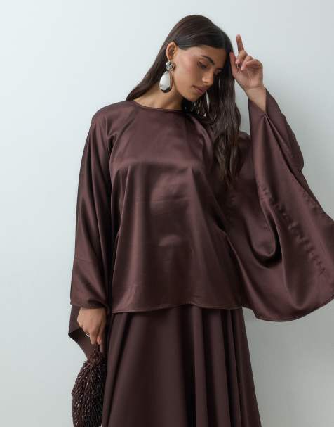 IYAL satin extreme drape sleeve top co-ord in chocolate - view 1
