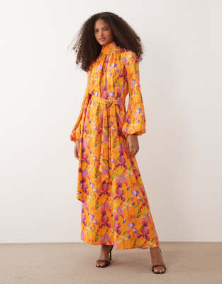 IYAL satin high neck tie waist long sleeve maxi dress in orange floral print orange 30190₽