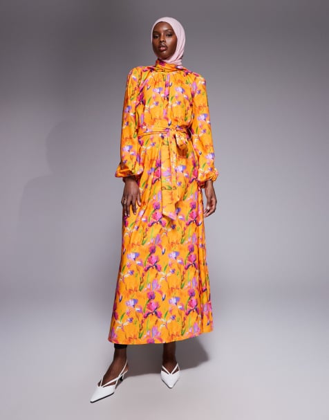 IYAL satin high neck tie waist long sleeve maxi dress in orange floral print - view 1
