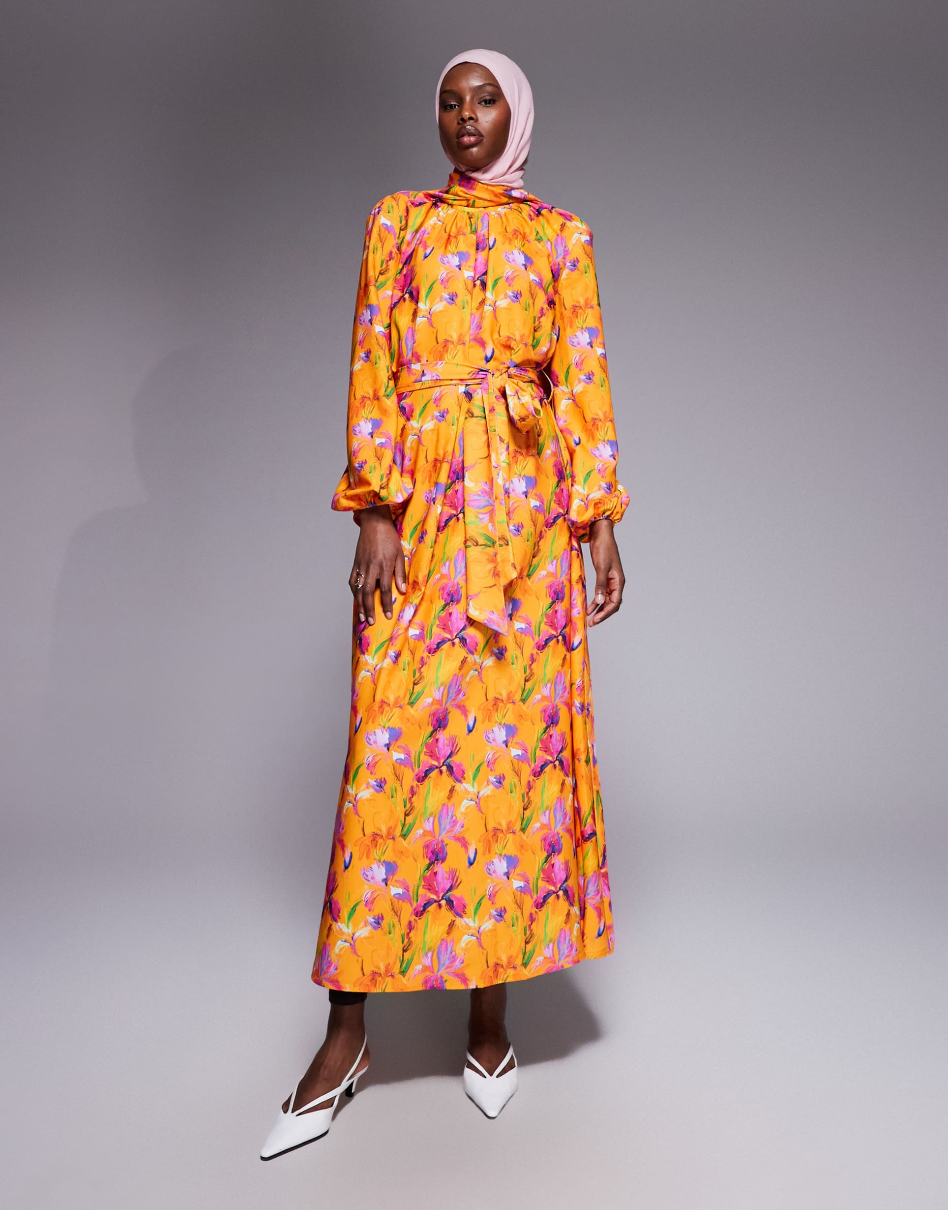 iyal satin high neck tie waist long sleeve maxi dress in orange floral print